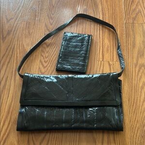 Vintage Black Eel Skin Clutch and Wallet Set